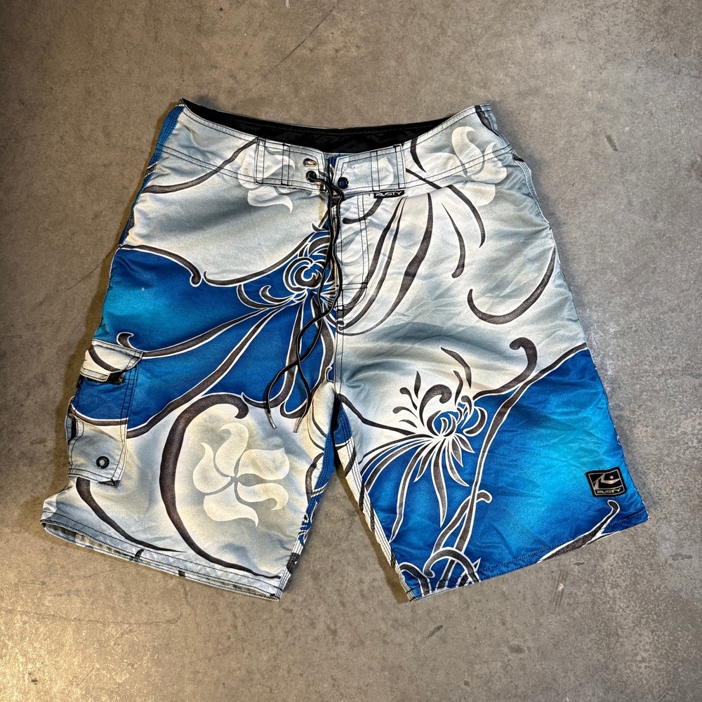Rusty Mens Board Shorts Blue White Floral Tribal Surf Cargo Pocket Size 34 - Picture 2 of 5